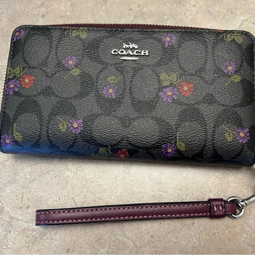 Coach Black Wallet with Purple and Red Floral Design - Picture 2 of 3